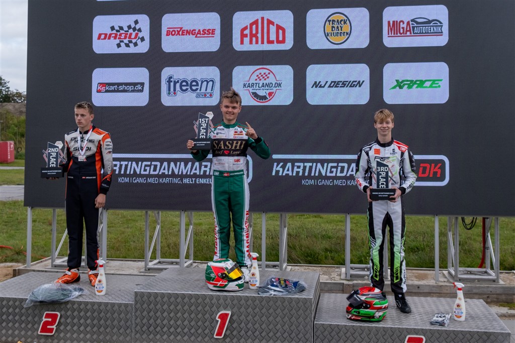 DASU Senior-podiet – Luca Magnussen vinder foran Noah Eg og Sebastian Bach.
(Foto: Danish Karting League)
